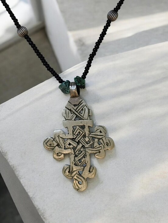 Vintage Jewelry - Vintage Sterling Ethiopian Coptic Cross Pendant Necklace With Turquoise